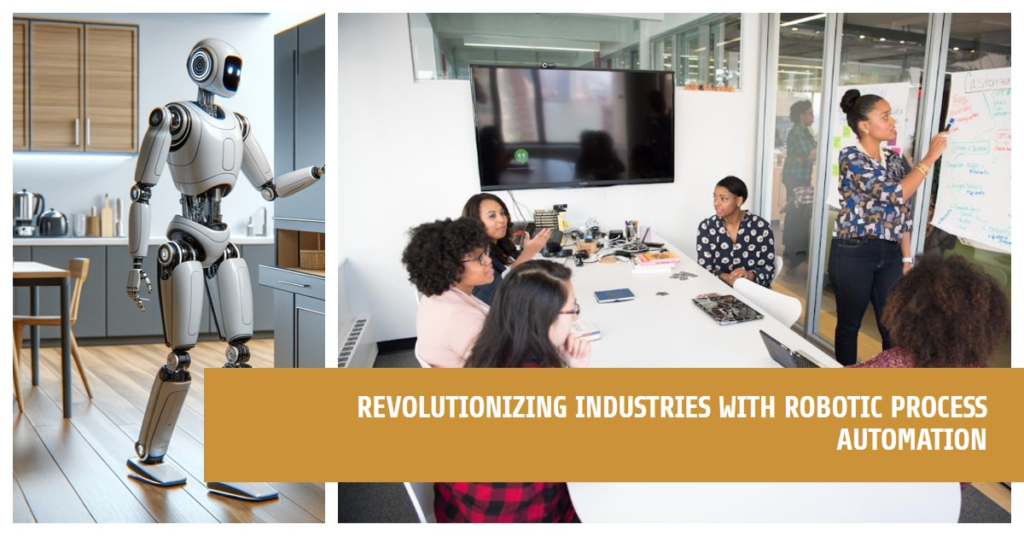 Robotic Process Automation - Benefits and Applications Across Industries 2 A robot in a modern kitchen and a team in a meeting room discussing robotic process automation.