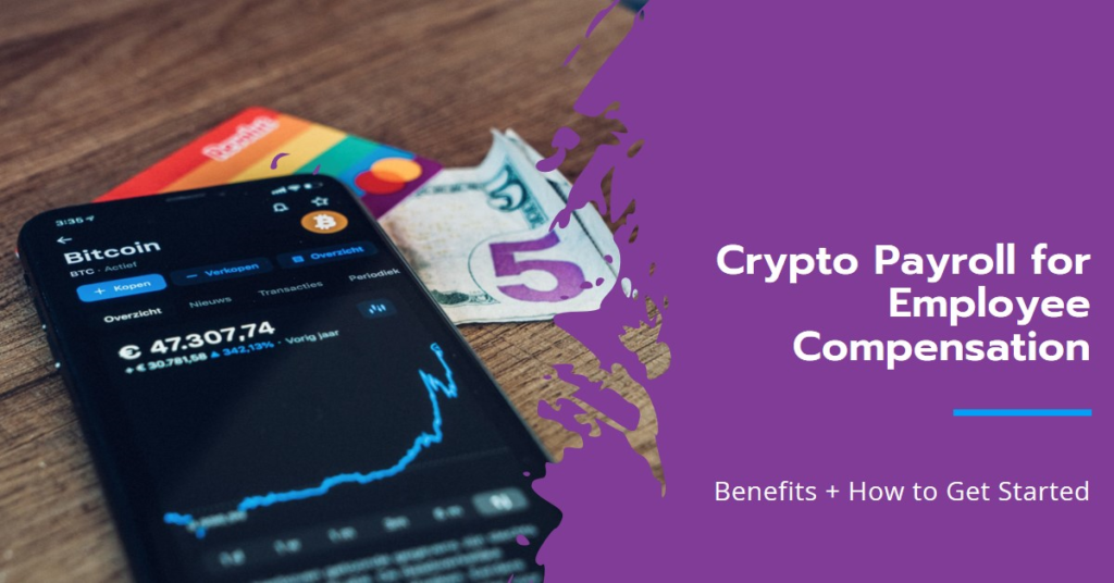 Crypto Payroll for Employee Compensation: Benefits + How to Get Started 1 Smartphone displaying Bitcoin value, credit card, and cash on a wooden surface, illustrating the concept of crypto payroll for employee compensation.