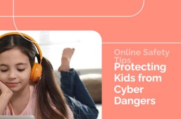 A young girl wearing orange headphones, lying on her stomach, looking at a laptop. Text reads "Online Safety Tips: Protecting Kids from Cyber Dangers" on an orange background.