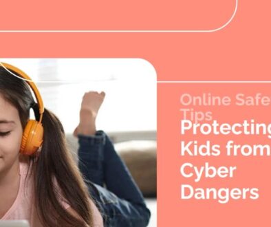 A young girl wearing orange headphones, lying on her stomach, looking at a laptop. Text reads "Online Safety Tips: Protecting Kids from Cyber Dangers" on an orange background.