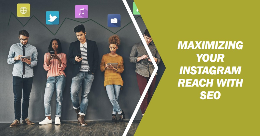 How to Combine SEO and Instagram for a Powerful Marketing Strategy 1 Group of individuals using smartphones with social media icons above their heads, representing the integration of SEO and Instagram.