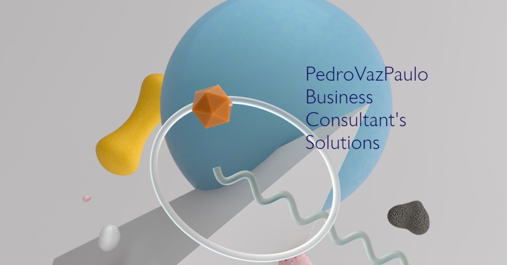Abstract composition for PedroVazPaulo business consultant featuring blue sphere, yellow stool, orange crystal.