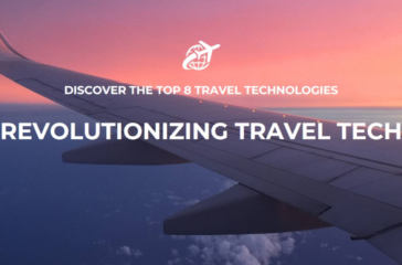 Airplane wing against a pink and blue sky during sunrise or sunset with text overlay reading “DISCOVER THE TOP 8 TRAVEL TECHNOLOGIES” and “REVOLUTIONIZING TRAVEL TECH.