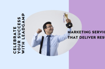 A professional individual holding a trophy aloft in triumph, set against a split background of purple and white with the text “Celebrate Success with Leadcamp” on the left and “Marketing Services that Deliver Results” on the right.