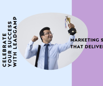 A professional individual holding a trophy aloft in triumph, set against a split background of purple and white with the text “Celebrate Success with Leadcamp” on the left and “Marketing Services that Deliver Results” on the right.