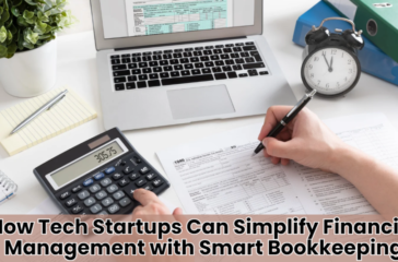 A workspace financial management featuring a laptop with financial graphs on the screen, a hand using a calculator, notepads, a binder, and an analog clock reading 3:55.