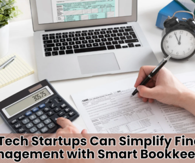 A workspace financial management featuring a laptop with financial graphs on the screen, a hand using a calculator, notepads, a binder, and an analog clock reading 3:55.