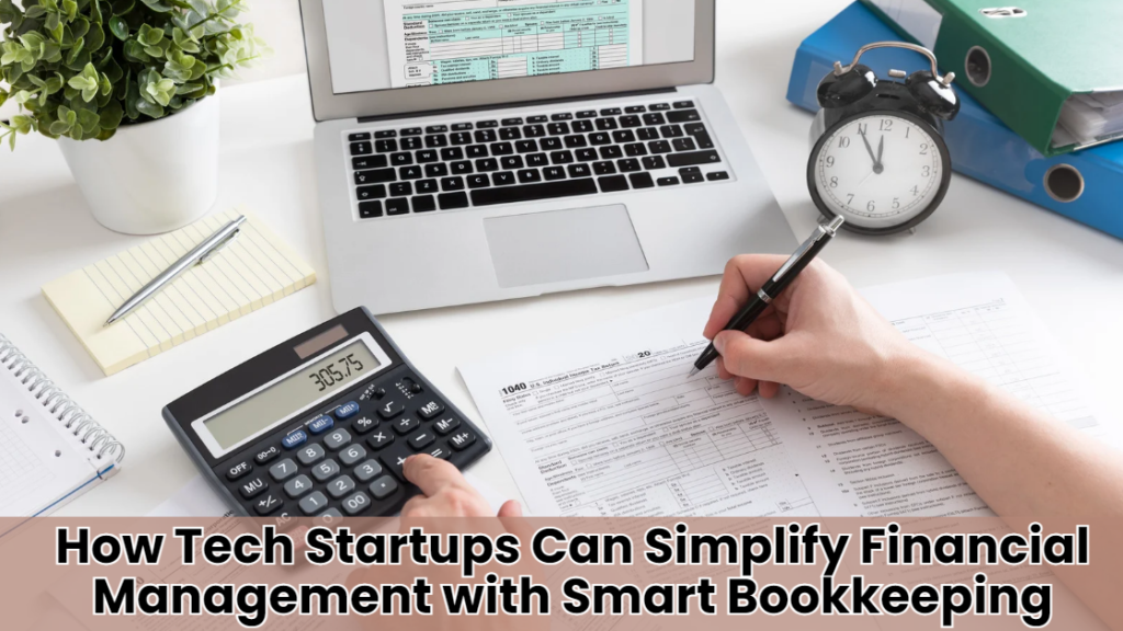 How Tech Startups Can Simplify Financial Management with Smart Bookkeeping 3 A workspace financial management featuring a laptop with financial graphs on the screen, a hand using a calculator, notepads, a binder, and an analog clock reading 3:55.
