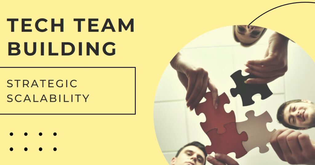A hybrid team holding puzzle pieces together, symbolizing collaboration and teamwork for tech team building.