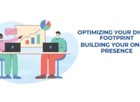 Illustration of two people sitting at a table with laptops, analyzing a presentation chart with graphs, next to the text "Optimizing Your Digital Footprint, Building Your Online Presence.