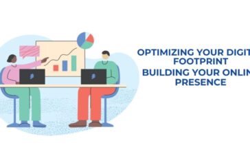 Illustration of two people sitting at a table with laptops, analyzing a presentation chart with graphs, next to the text "Optimizing Your Digital Footprint, Building Your Online Presence.