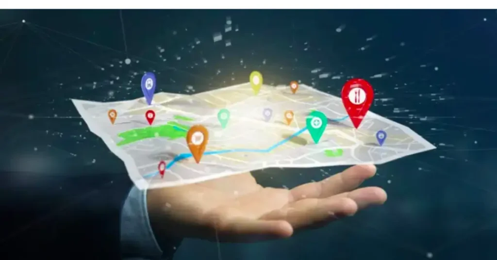 Stay Local, Rank Global: AI Automation for Local SEO Success 3 Hand holding holographic map with colorful location pins for local services and businesses