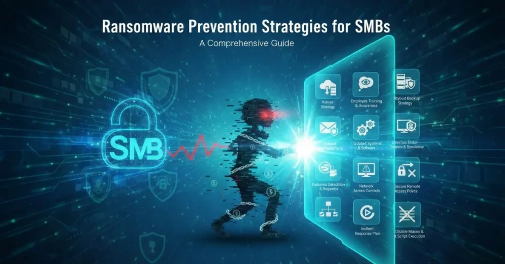 Ransomware Prevention Strategies for SMBs: A Comprehensive Guide 2 Cybersecurity-themed illustration showing a hacker figure attempting to breach a digital shield labeled with Ransomware prevention strategies for SMBs.