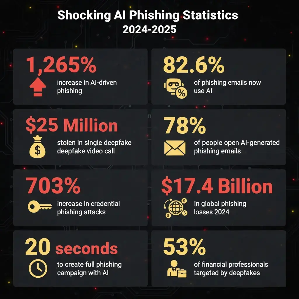 AI Phishing Attacks: ChatGPT and Deepfakes in Cybercrime 5 Infographic showing alarming statistics about AI-driven Phishing Attacks in 2024–2025 — featured on TechPioner.