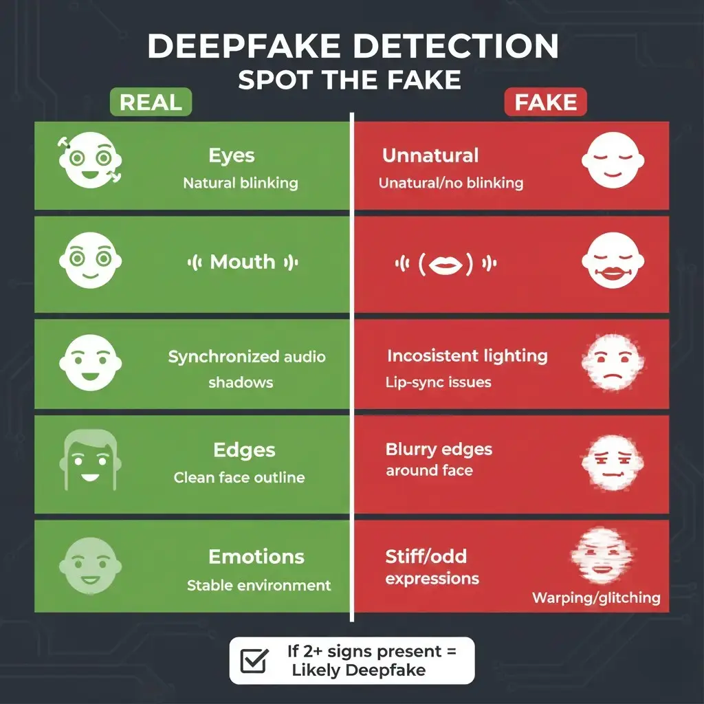 AI Phishing Attacks: ChatGPT and Deepfakes in Cybercrime 8 Infographic comparing real vs fake visuals to detect deepfakes used in Phishing Attacks — featured on TechPioner.