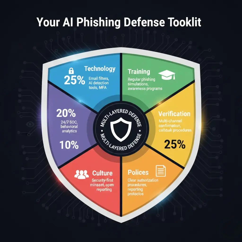 AI Phishing Attacks: ChatGPT and Deepfakes in Cybercrime 10 Infographic showing multi-layered defense strategies against AI-powered Phishing Attacks — featured on TechPioner.