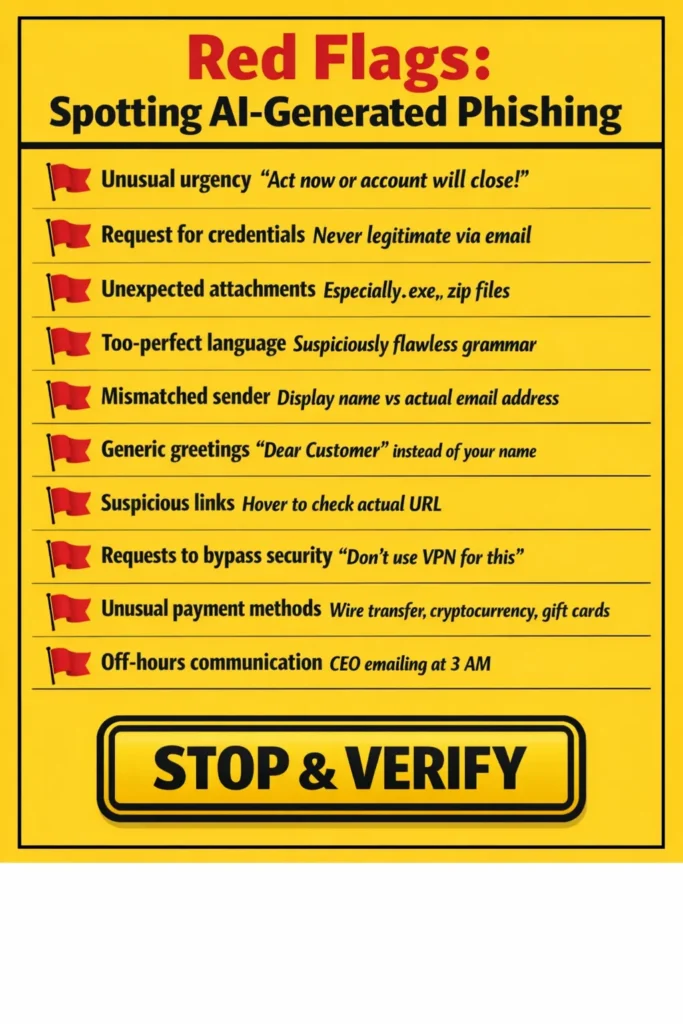 AI Phishing Attacks: ChatGPT and Deepfakes in Cybercrime 9 Infographic listing warning signs of AI-generated Phishing Attacks — featured on TechPioner.