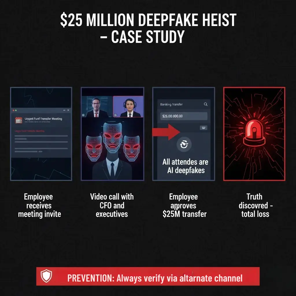 AI Phishing Attacks: ChatGPT and Deepfakes in Cybercrime 6 Infographic showing a deepfake-driven Phishing Attacks case study involving a $25 million financial loss — featured on TechPioner.
