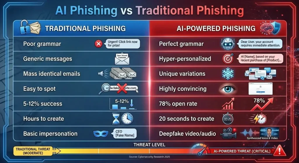 AI Phishing Attacks: ChatGPT and Deepfakes in Cybercrime 7 Infographic comparing AI-powered vs traditional Phishing Attacks — featured on TechPioner.